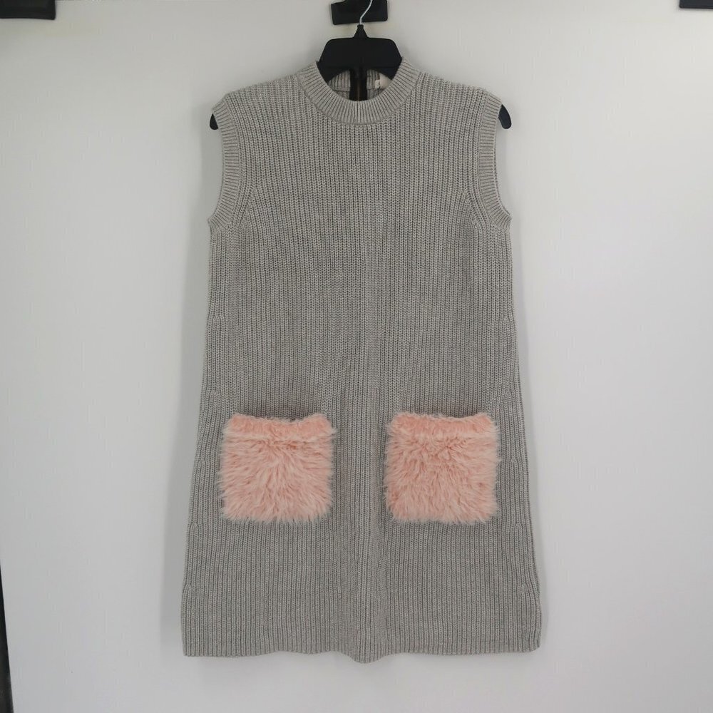 J. Crew Crewcuts Girls Gray Sweater Dress with Pink Faux Fur Pocket Detail 14